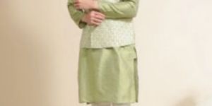 Men GREEN SILK BLEND KURTA WITH WOVEN DESIGN NEHRU JACKET SET