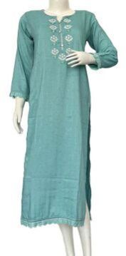 Women round neck embroided turquoise green Kurti - 10332