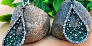 BLACK SILVER-PLATED GREEN & CZ STONE DANGLE EARRINGS