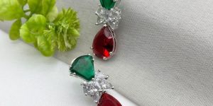 EMERALD, GARNET, AND CZ SILVER-PLATED DROP EARRINGS