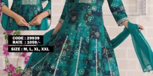 Ladies Blue Floral Printed Anarkali Suit Set