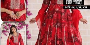 Ladies Red Floral Printed Anarkali Suit Set