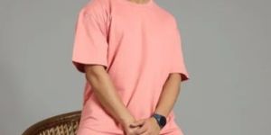 Mens Light Pink Round Neck Cotton T-Shirt