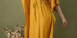Women Mustard White Acrylic Solid Kaftan