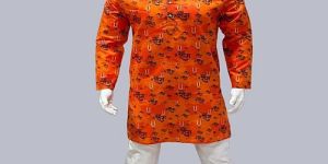 Festive Wear Mens Orange Printed Cotton Kurta Pajama Set