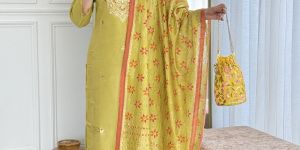 Ladies Mustard Viscose Chanderi Embroidery Kurta, Pant and Dupatta Set