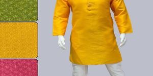 Mens Plain Jacquard Yellow Kurta Pajama Set