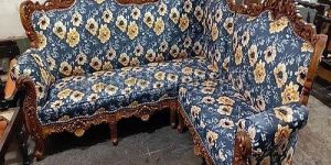 5 Seater Blue and Brown L Shape Wooden Sofa