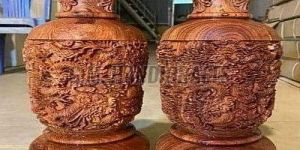 Hand Carved Brown Wooden Vase Set