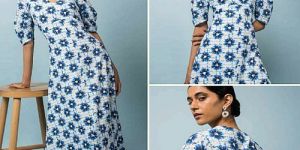 Blue and White Floral Print V Neck Maxi Dress