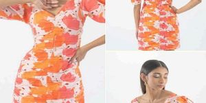 Ladies White And Orange Floral Printed Linen Short Dress