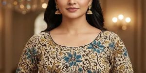 Light Blue Round Neck Cotton Stretchable Kalamkari Blouse