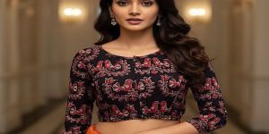 Sable Black Round Neck Cotton Stretchable Kalamkari Blouse