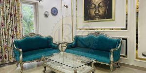 Teal Upholstery Silver Cladding Sofa Set