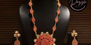 Ladies Pink Floral Golden Stone Jewelry Set