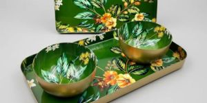 handcrafted green floral enamel metal serving tray set
