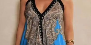 Black and Sky Blue Printed Satin Cowl Neck Mini Dress