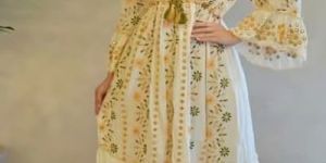 Handmade Embroidered V Neck Cotton A-Line Maxi Dress