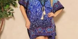 Ladies Blue Rayon Printed Kaftan Kurti