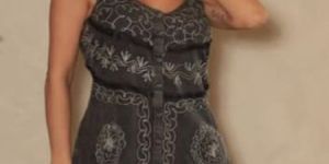 Ladies Grey Embroidered Cotton V Neck Short Dress