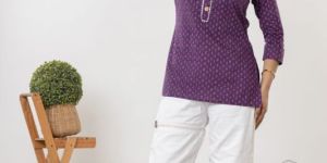 Ladies Purple Printed Full Sleeve Cotton Short Kurti