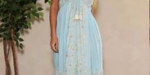 Ladies Sky Blue Cotton Printed V Neck Maxi Dress