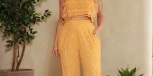 Ladies Yellow Printed Halter Neck Top With Pant Co-Ord Set