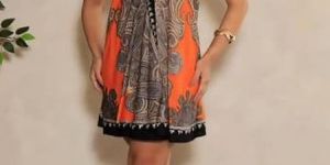 Orange Printed Satin Cowl Neck Mini Dress