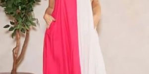 Pink and White Double Tone Cotton V Neck A-Line Midi Dress