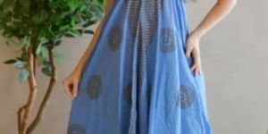 Sea Blue Printed Cotton V Neck Maxi Dress