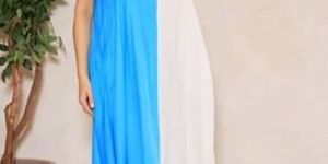 Sky Blue and White Double Tone Cotton V Neck A-Line Midi Dress