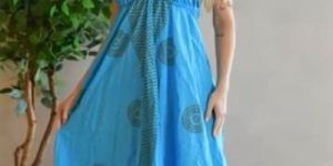 Sky Blue Printed Cotton Halter Neck Maxi Dress