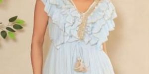 Sky Blue V Neck Frill Wrap Short Dress