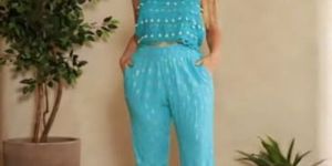 Ladies Sky Blue Halter Neck Top With Pant Co-Ord Set
