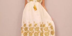 White and Green Floral Printed V Neck Cotton A-Line Maxi Dress