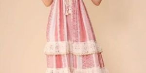 White and Pink Printed V Neck Cotton Frill A-Line Maxi Dress