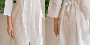 White Floral Embroidered V Neck Chikankari Cotton Straight Kurti