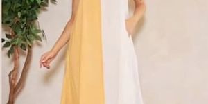 Yellow and White Double Tone Cotton V Neck A-Line Midi Dress