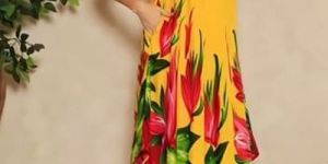 Yellow Flower Printed Satin V Neck Maxi Dress