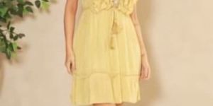 Yellow V-Neck Frill Wrap Short Dress