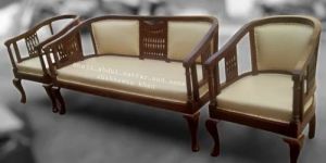 Cream Cushion Three Piece Wooden Sofa Set