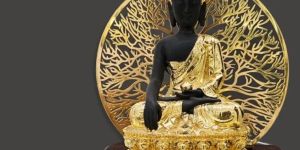 Black Buddha with Golden & Terracotta Accents with Indrajaal