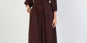 Coffee Brown Crinkled Round Neck Maxi Dress
