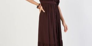 Coffee Brown Crinkled V-Neck Maxi Dress