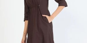 Coffee Brown Poplin Cinched Waist Midi Dress