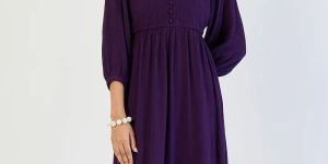 Deep Purple Crinkled Lace Detail Midi Dress