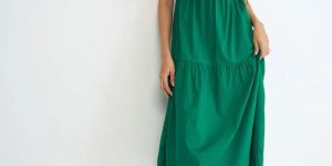 Emerald Green Poplin Tiered Maxi Dress