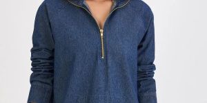 Navy Blue Denim Zip-Up Top