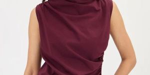 Wine Cotton Knit Ruching Detail Top