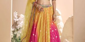 Blue And Yellow Embroidered Lehenga - Choli